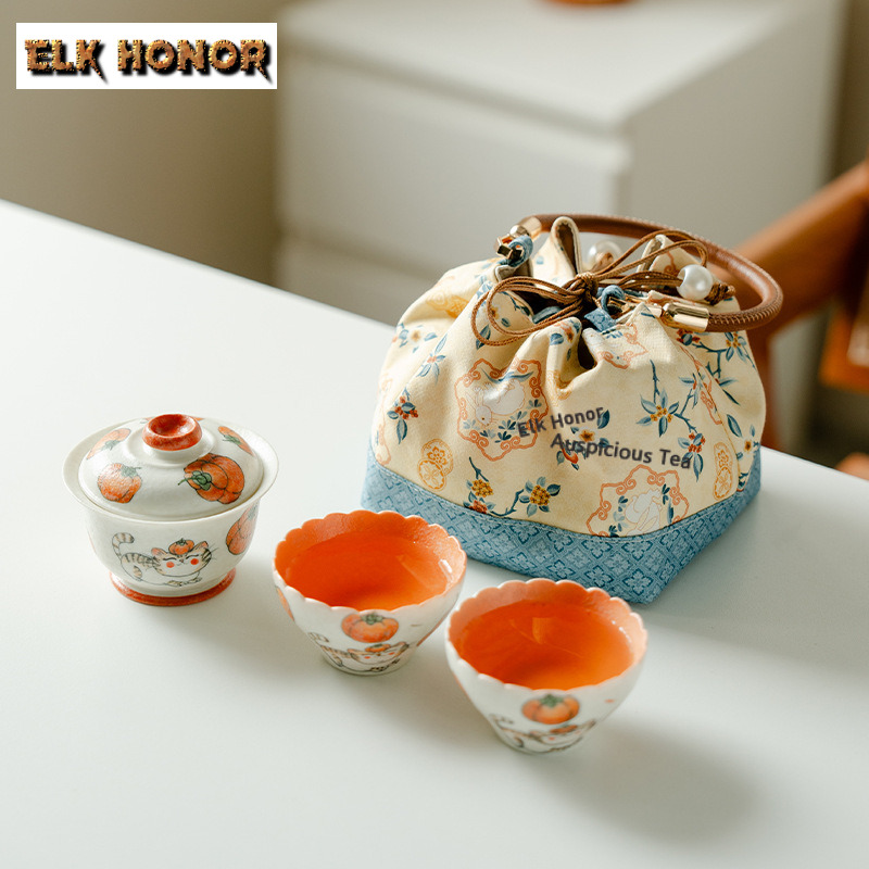 Luxury Bags Hand Painted - Handgeschilderde Persimmons Reistheeset Luxe Thee-accessoires Set